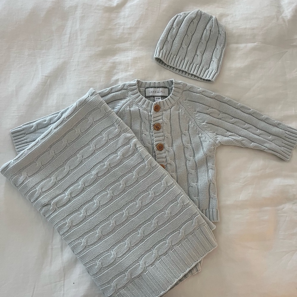 Jake and Jill matching cardigan, knit hat, and blanket